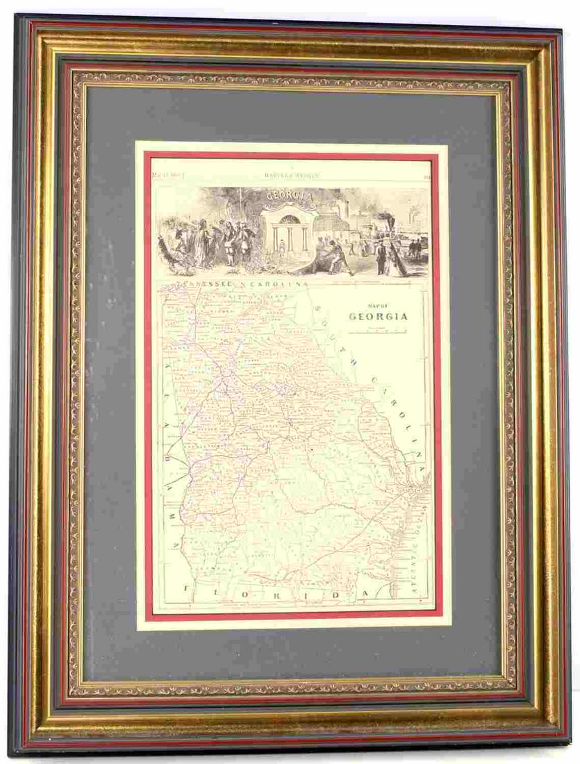 FRAMED POST CIVIL WAR ERA MAP OF GEORGIA 1866: Printed map of Georgia. Dated may 12, 1866 at top. Comes in nice printed frame. Frame measures 24 X 18 inches. Print measures 16 X 10 inches. Very good condition.