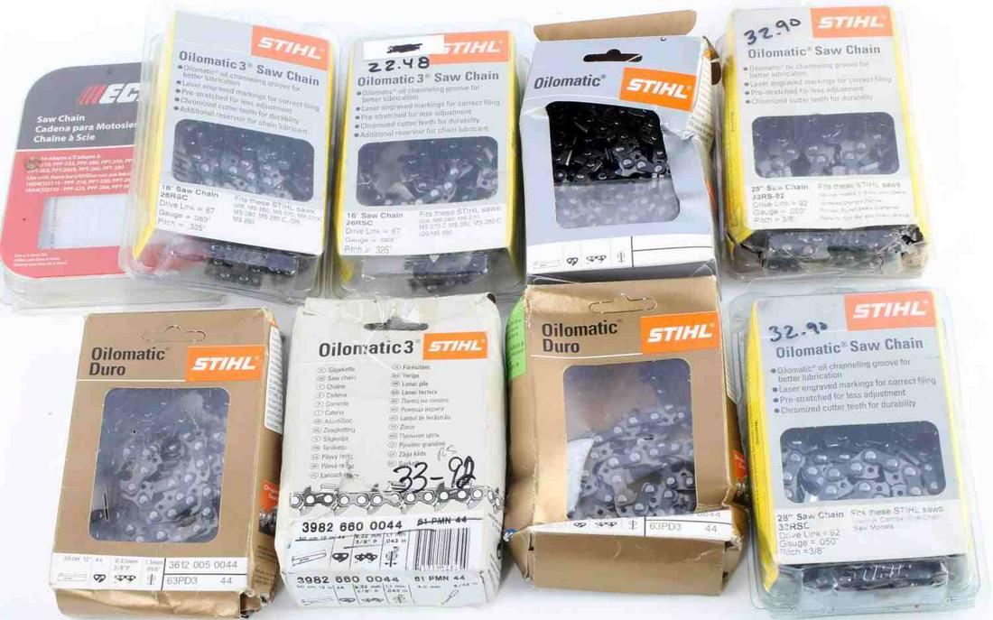 9 STIHL & ECHO VARIOUS DEALER LOT CHAINSAW CHAINS: Ex dealer stock new in box and include 1 Echo 10 inch chain, balance are Stihl and include12", 16", 16", 12", 28", 28", 28", 28".