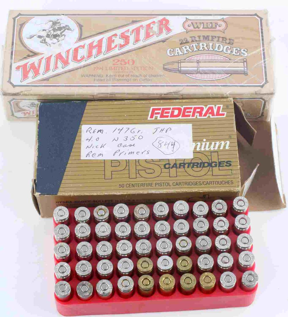 300 RDS WINCHESTER 22 RF & FEDERAL 9MM LUGER: Includes: box of 250 rds Winchester .22 Rimfire cartridges, 1994 limited edition, and 50 rd box of 9 mm Luger - different headstamps in Federal box.
