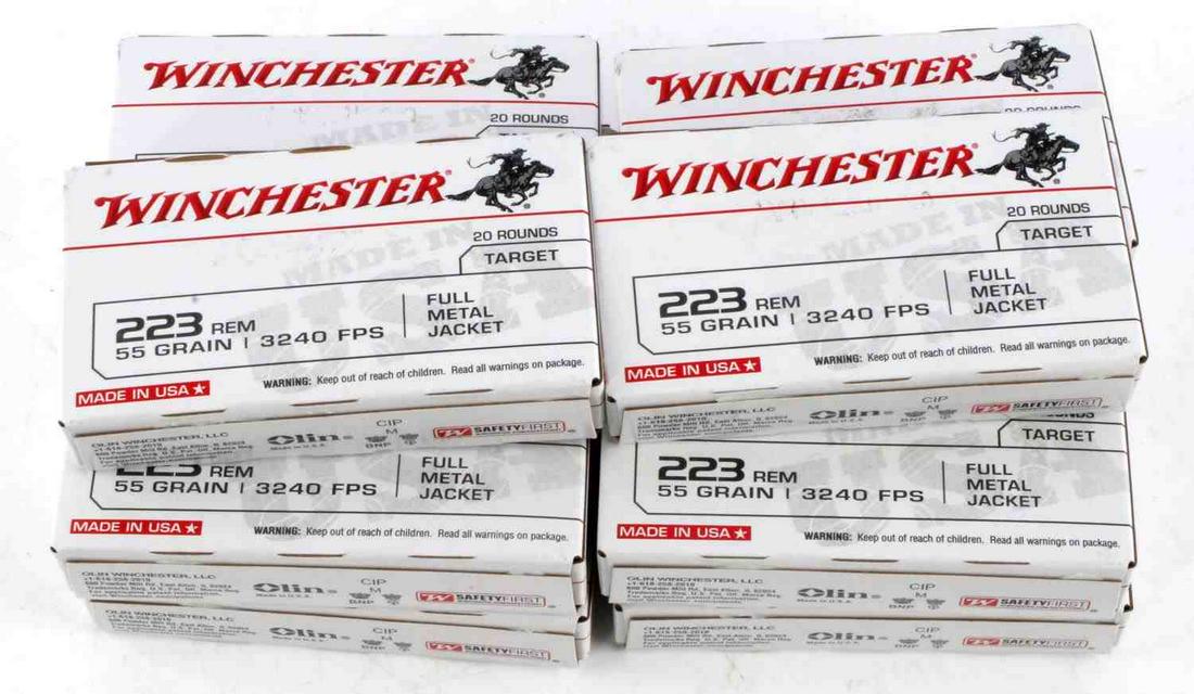 200 ROUNDS 223 REM 55 GR FMJ WINCHESTER AMMO: 10 boxes of 20 rounds each. 223 REM 55 grain, 3240 FPS, Full Metal Jacket, Target, Robust Heat-Treated Shellcase. Winchester Brand ammunition.