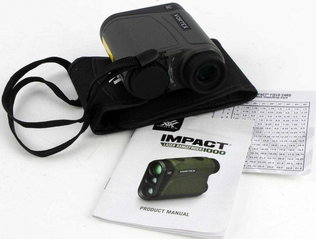 VORTEX OPTICS IMPACT 1000 LASER RANGEFINDER: Angel compensated laser rangefinder for Archers and Rifle shooters features Horizontal Component Distance, Line of Sight mode and Scan feature that adjusts in yards and meters. Pre-owned in Like New c