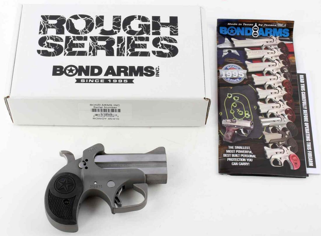 BOND ARMS ROWDY 45 410 CAL DERRINGER HANDGUN: New in the box Compact Rowdy double barrel pistol from Bond Arms. It’s built with a 3" tip up barrel chambered for 45/410, bead blast finished stainless steel double-barrel and frame with trigger gu