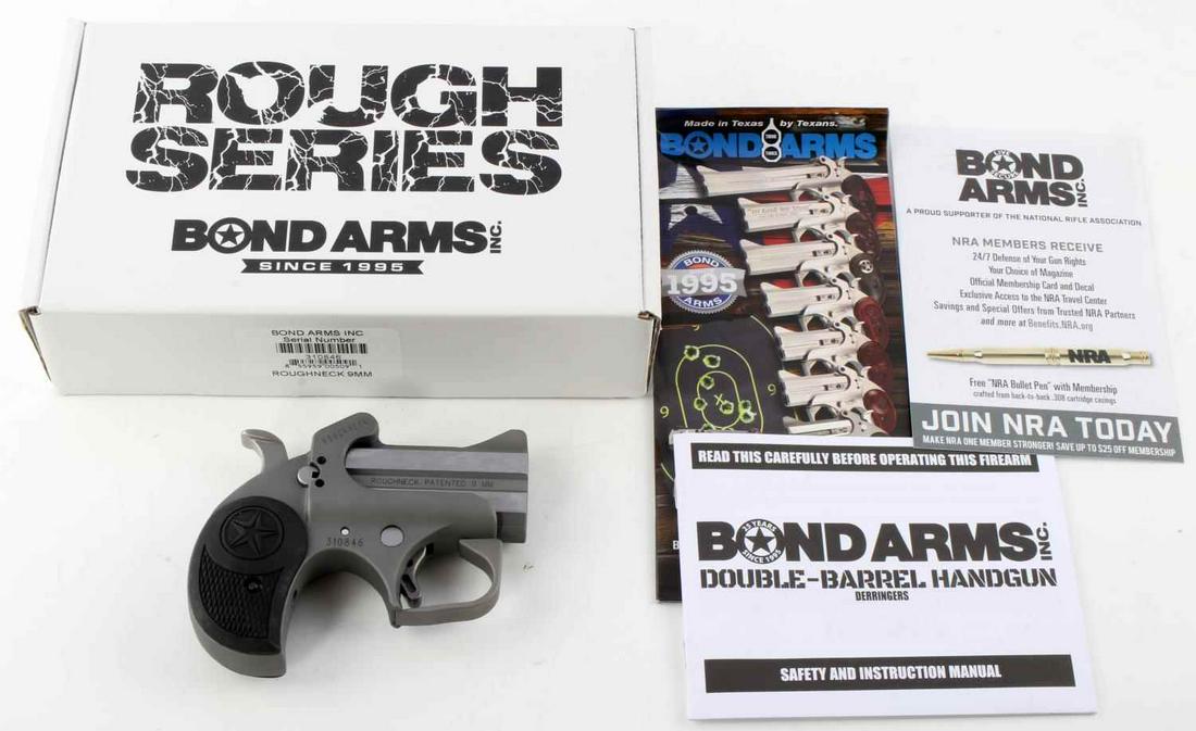 BOND ARMS ROUGHNECK 9MM LUGER DERRINGER PISTOL: The Bond Arms Roughneck 9 mm Luger Derringer Pistol has a 2-shot north south capacity, tip up stainless steel 2.5 inch barrel, bead blast finish, rubber grips, bright clear bore, cross bolt safety and