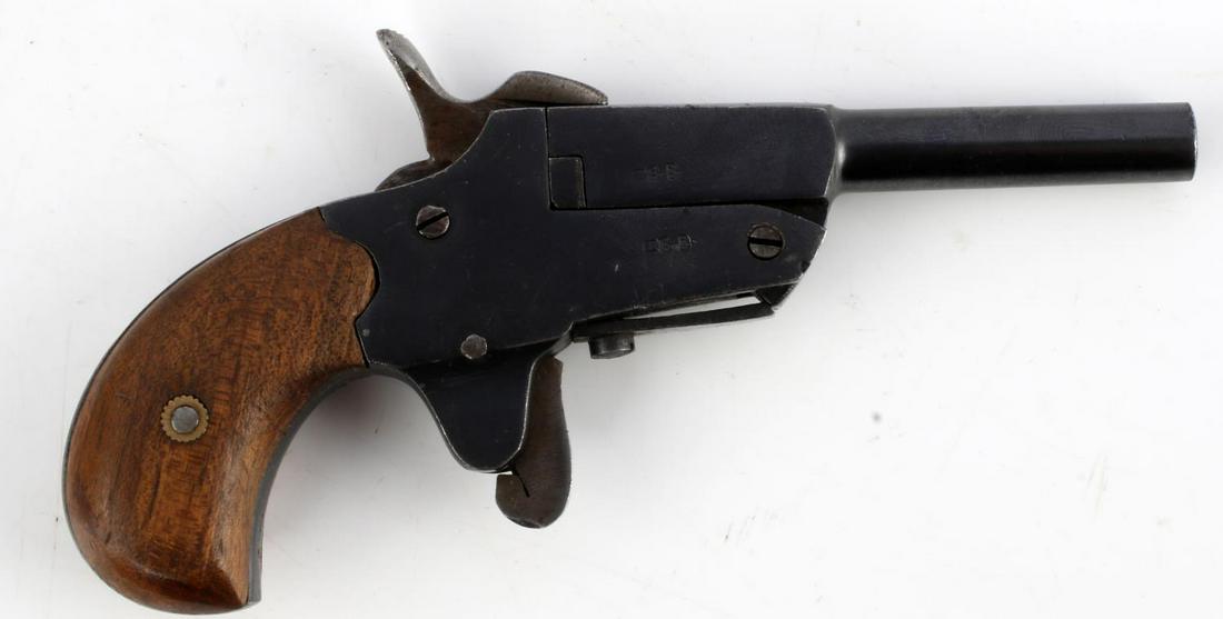 .22 CAL SUHL GERMAN DERRINGER SINGLE SHOT PISTOL: .22 caliber Suhl German Derringer single-shot pistol in good condition with a clear bore. Break-barrel action and hammer both function smooth and without issue. Trigger functions well. Left side of ba