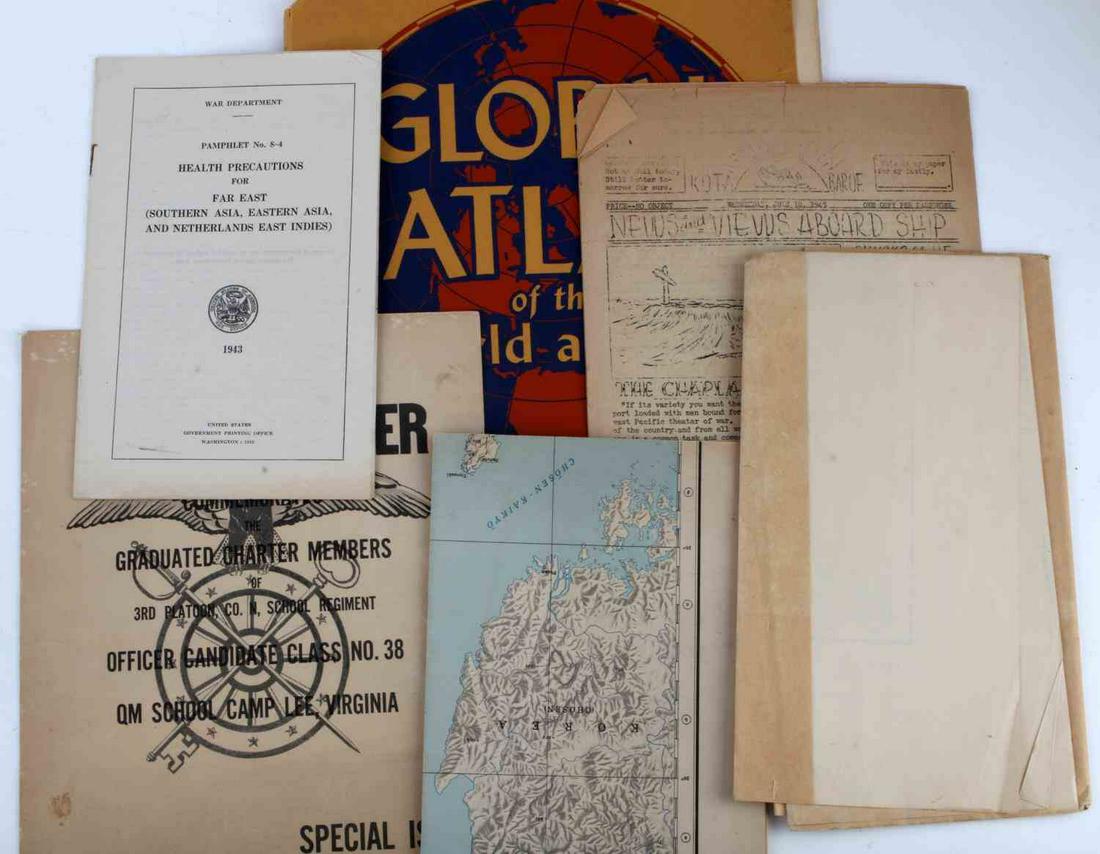 WWII U.S. NAVY PLATOON EPHEMERA MAPS & PAMPHLETS: WWII U.S. Navy Platoon Ephemera Maps, Guides and Invites includes; (1) 3rd Platoon Officer Candidate Class Graduate Book, (2) Japan World Maps, (1) "News and Views Aboard Ship" article, (1) War Depart