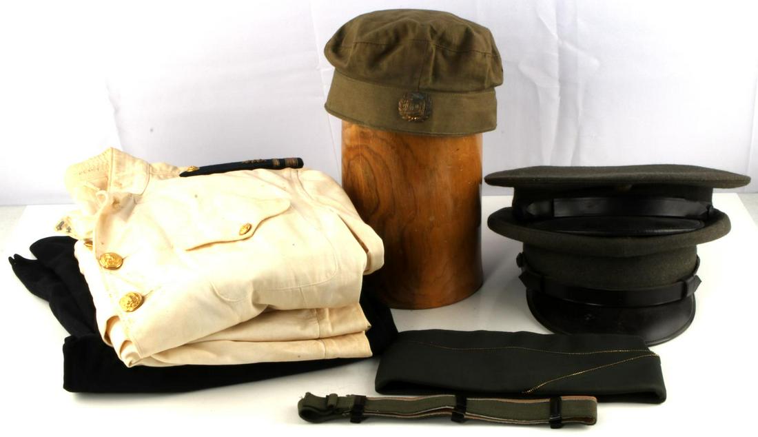 WWII US MILITARY MIXED LOT PANTS CAPS UNIFORM: Lot includes: large USN white uniform - major, USN sailor trousers, named to inside, 30 X 35 inches, Korean leather and canvas sweatband, USMC visor, size 7, green wool cap, size 6 5/8, green hat with