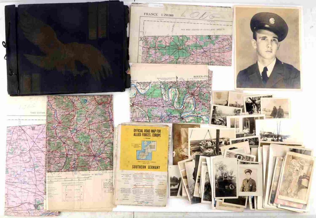 WWII US MILITARY EPHEMERA LOT OF MAPS & PHOTOGRAPH: Lot features maps used by the U.S. and Allied forces during WWII. Maps are of Germany and France. Photographs from Bill Owens photograph book. They are family life pictures with individuals hunting se