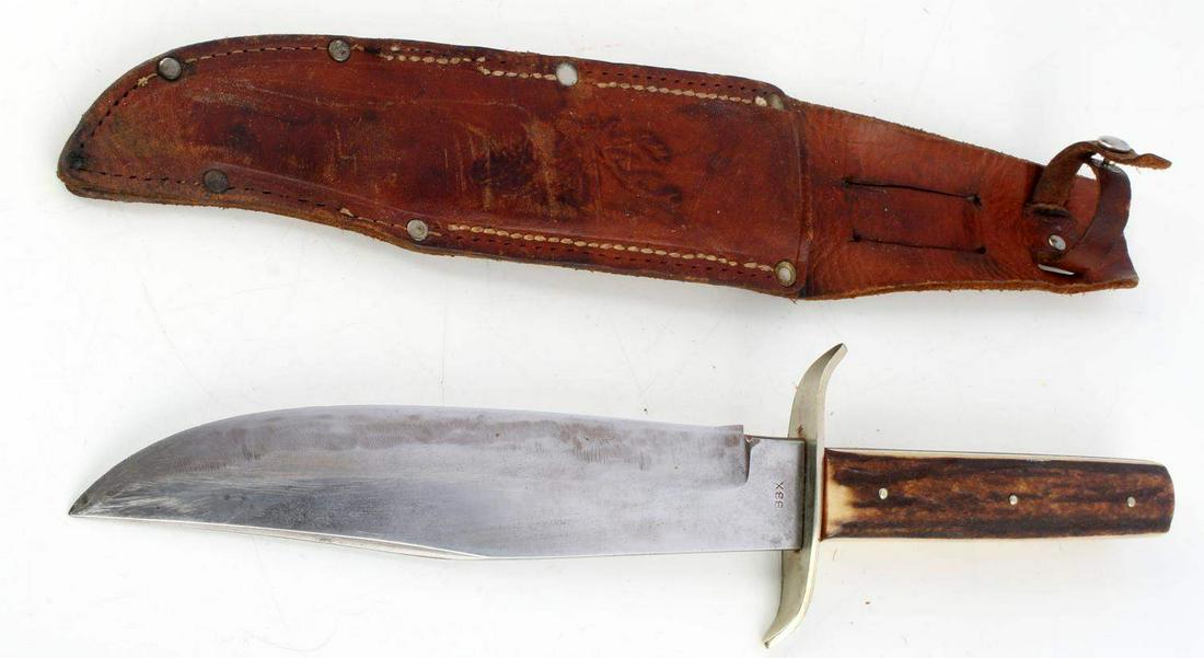 WWII GERMAN SOLINGEN BOWIE KNIFE 83X STAG GRIP: Just over 8 inch blade, marked 83X to ricasso, original bowie knife etched into blade, E.C. Solingen Germany marked to ricasso on other side, nickel steel guard, and stag grip with 3 rivets. Comes wit