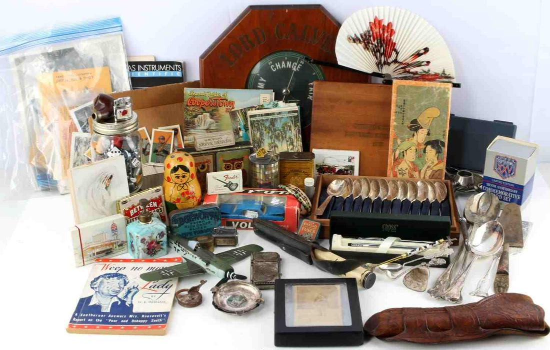 ASSORTED GENERAL ANTIQUES & EPHEMERA LOT: Lot includes: Vintage playing cards, Ephemera, game pieces, Lord Calvert Weather gauge, tins, pocket transit, Russian dolls, Silver Plate, Worlds Fair Spoons, silver spoons and more. All Pre-owned con