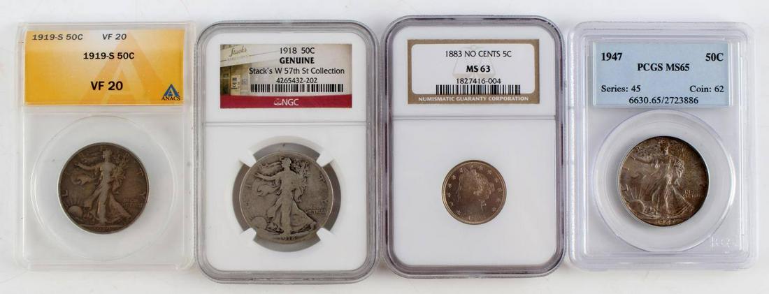 ANACS NGC PCGS GRADED KEY DATE COIN LOT V WALKER: Includes 1883 no cents V nickel NGC ms 63, Stacks collection NGC Genuine walking liberty, ANACS 1919 S walker, VF20, 1947 PCGS MS65 walking Liberty.