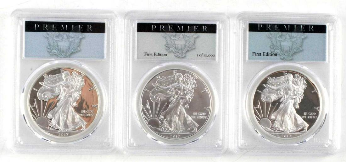 2017 SILVER EAGLE 1ST ED PCGS PR70 DCAM SET OF 3: PCGS Premier set of 3 2019 silver eagles includes 2017-S Congratulations Set Proof 69 with DCAM, 2017-W 1st Edition Proof 70 DCAM and a 2017 1st Edition (1 of 10,000) MS70. Each graded and encapsulate