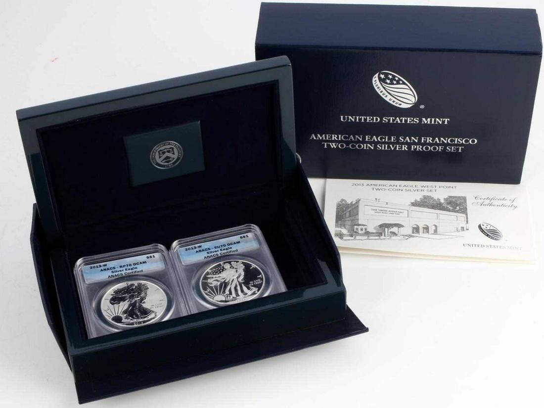 2012-S AMERICAN EAGLE 2 SILVER COIN US MINT SET: Set in original Presentation box with COA. ANACS certified 2012-S RP70 DCAM and an 2012-S EU70 DCAM.