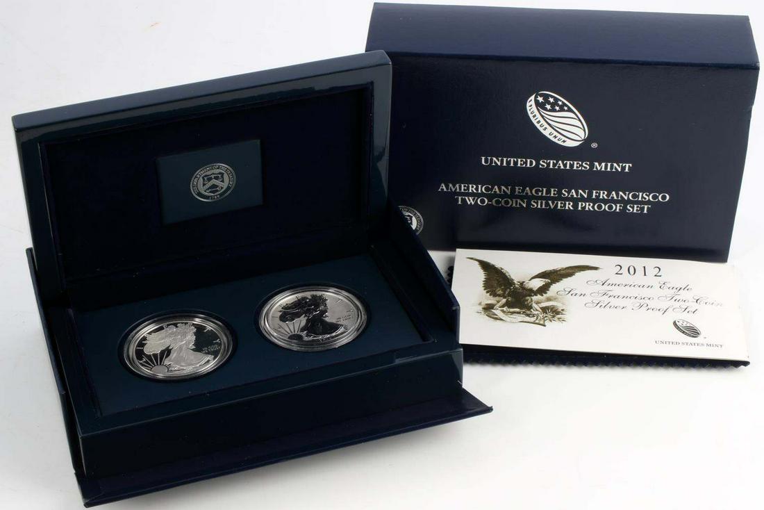 2012-S AMERICAN EAGLE 2 SILVER COIN US MINT SET: Set includes 2012-S Reverse Proof RP70 DCAM and a Enhanced Uncirculated EU70 DCAM Silver Eagle. Both in original Mint issued Presentation box with COA.