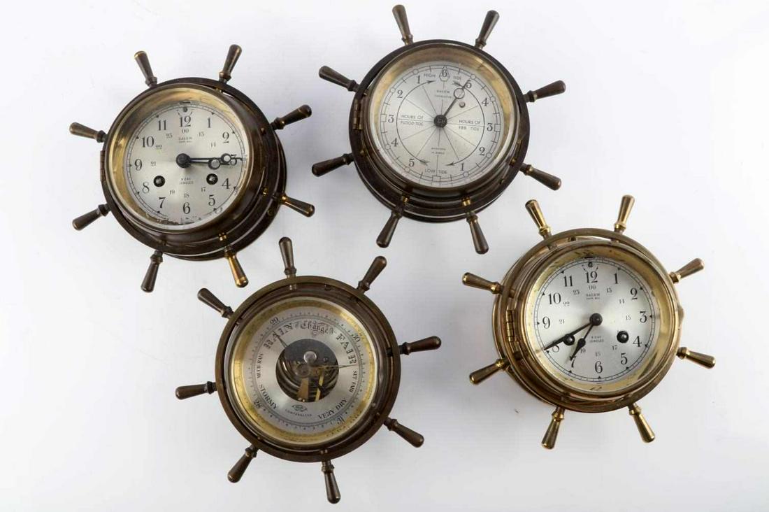 SALEM SHIPS CLOCK BAROMETER TIDEMASTER CLOCK LOT: Includes 2 Salem ships bell 8 day jeweled, working and keep time, bells are not tested or synched, Barometer and microton tidemaster, 3 3/4 inch face on all, very good original condition.