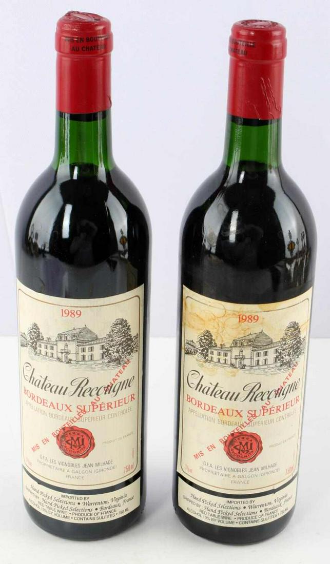 1898 CHATEAU RECOUGNE BORDEAUX WINE 2 BOTTLES: 2 Bottles of 1992 Chateau Recougne Bordeaux Superieur, France. Savory Red table Wine, 13 % alcohol by vol. , Top Shoulder ullage. label in good condition. Vintage rating 19
