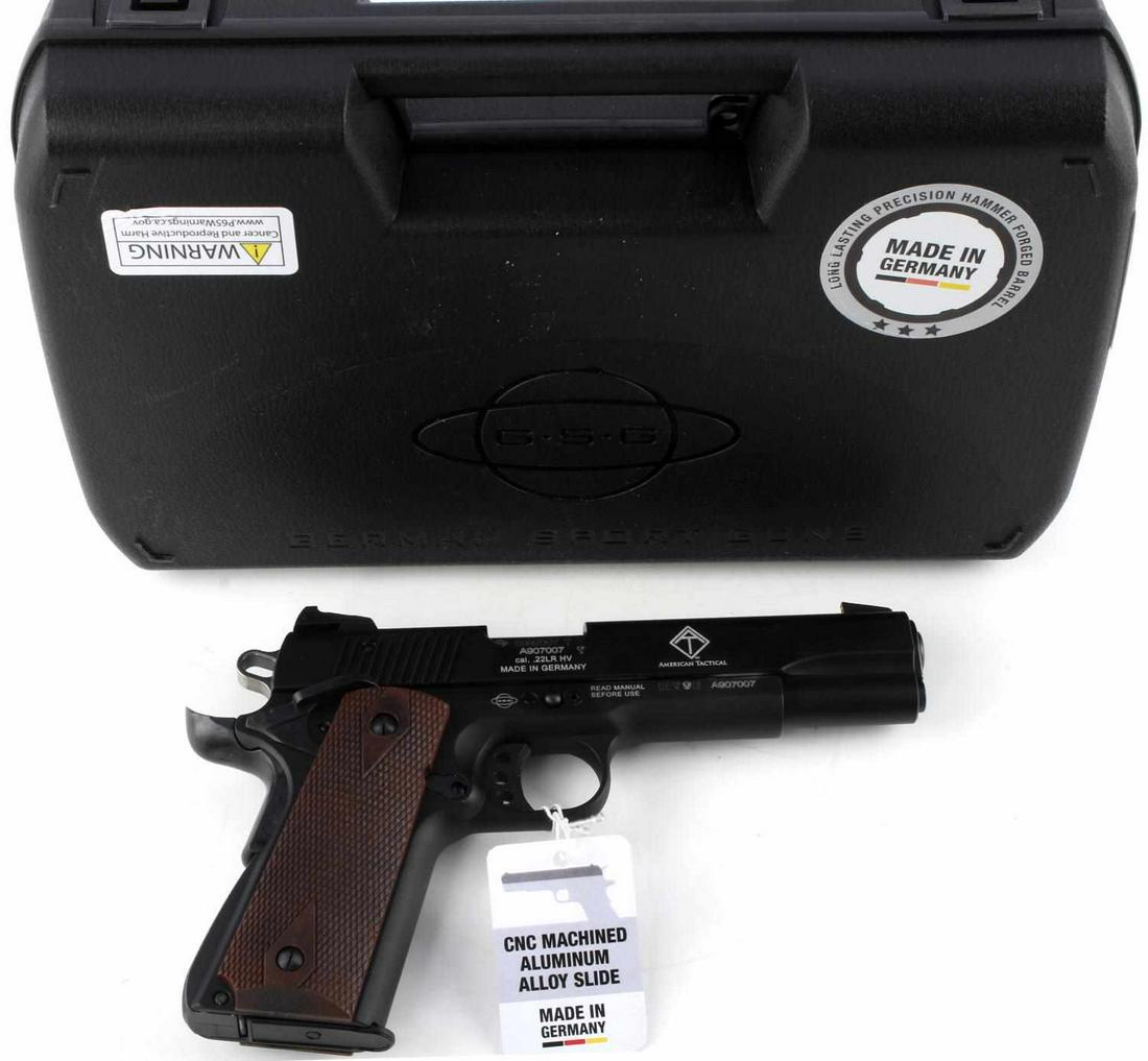 ATI GSG 1911 22LR TACTICAL TB SEMI AUTO PISTOL: New in the box German Sport Gun 1911. Features: CNC Machined, black anodized aluminum zinc alloy frame with ambidextrous Thumb Safety, extended Beaver Tail Safety Grip in walnut with Double Diamond pa