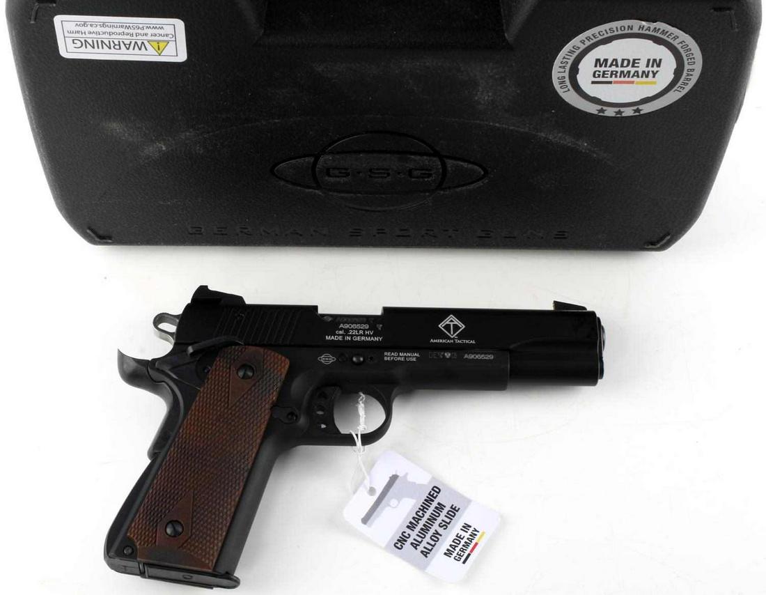 NEW GERMAN SPORT GUNS M1911 PISTOL HANDGUN .22LR: New GSG Model 1911 Pistol Handgun; measures approx. 8.5 X 5.5 inches. Is .22 caliber LR HV, with 10 round magazine capacity. "Same look and feel as full size M1911, ambidextrous thumb safety, extended