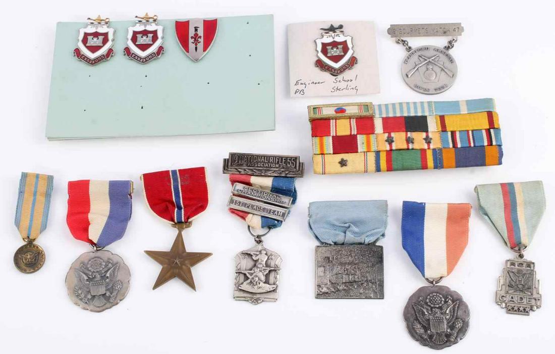 US MILITARY SCHOOL & OTHER MEDAL RIBBON LOT: Lot includes: ROA Cadet (sterling), NRA 1955 Sectional Championship 1st place team (sterling), Armed Forces Reserve mini medal, Yeadon Courier Award to John G. Davis, Nov. 1942 (sterling), Yeadon Cour