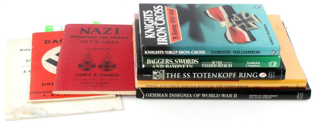 LOT OF 8 WWII GERMAN THIRD REICH THEMED BOOKS: Variety lot of books about nazi Germany. Includes Nazi Decorations and Medals, Daggers Swords and Bayonets of the Third Reich, Reference on Daggers and Dress Bayonets, Dress and Field Service Hats of 