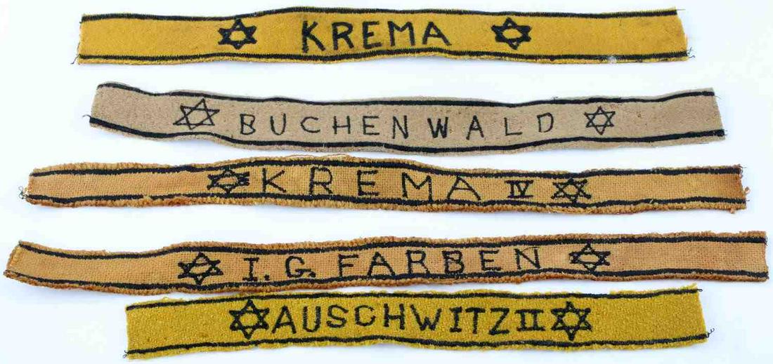 5 WWII GERMAN THIRD REICH CAMP JEWISH TITLE BANDS: Lot of 5 concentration and extermination camp bands. Featured are names of camps such as Auschwitz and Buchenwald with Stars of David. Possibly constructed from burlap sacks. Feel and smell old. Krema