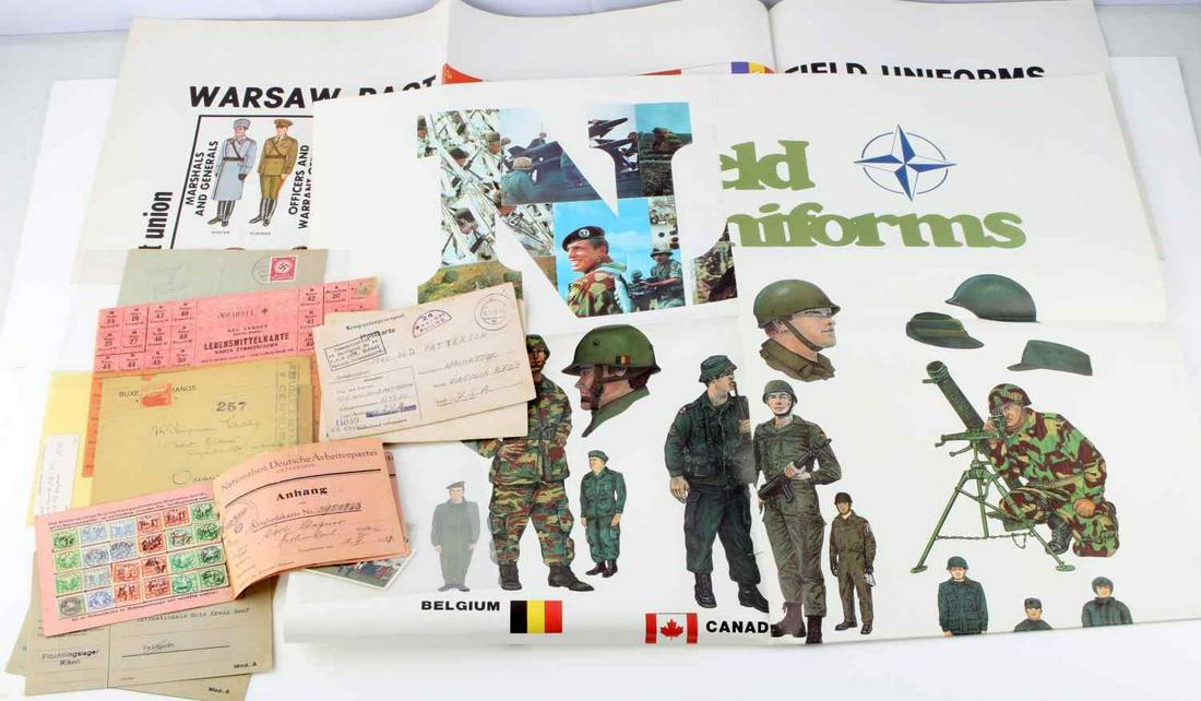 WWII GERMAN & US DOCUMENT LOT CARDS POSTER STAMP: Lot includes: bread stamps, few tobacco cards, letters, and two US uniform posters. Good condition. Unauthenticated, sold as is.