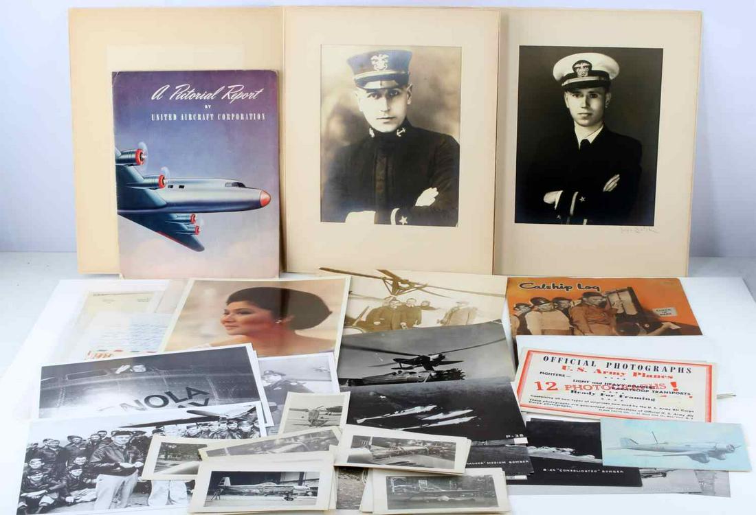 WWII US AVIATION MEMORABILIA WITH ENOLA GAY ITEMS: Lot includes: Navigator's Log poster of the Enola Gay (24 X 18 inches), some 8X10 reprint photos of flight crew, letters, bomber photos out of book, photos of man working on plane, and more. Good cond