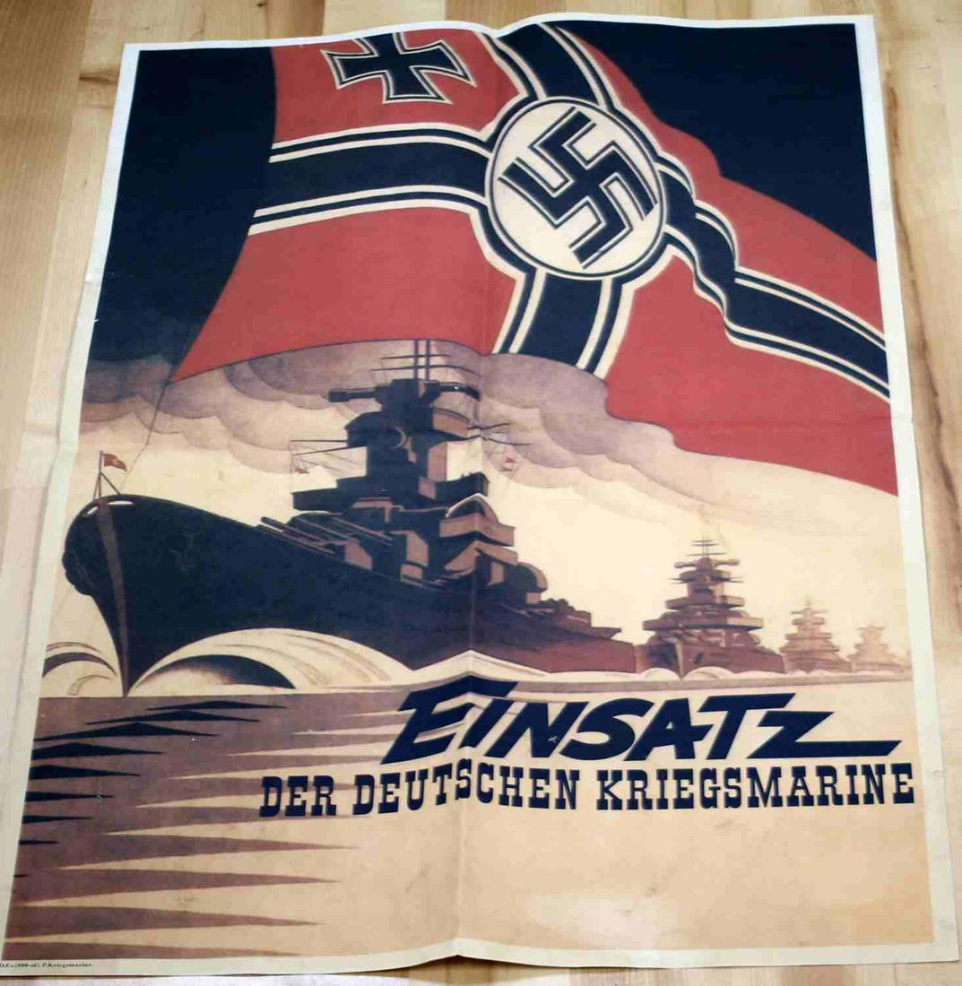 WWII GERMAN NAVY DEPLOYMENT KRIEGSMARINE POSTER: Title at bottom with German party flag and ships depicted. Measures 33 X 23 inches. Good condition with folding creases. Unauthenticated, sold as is. This lot has a reserve.