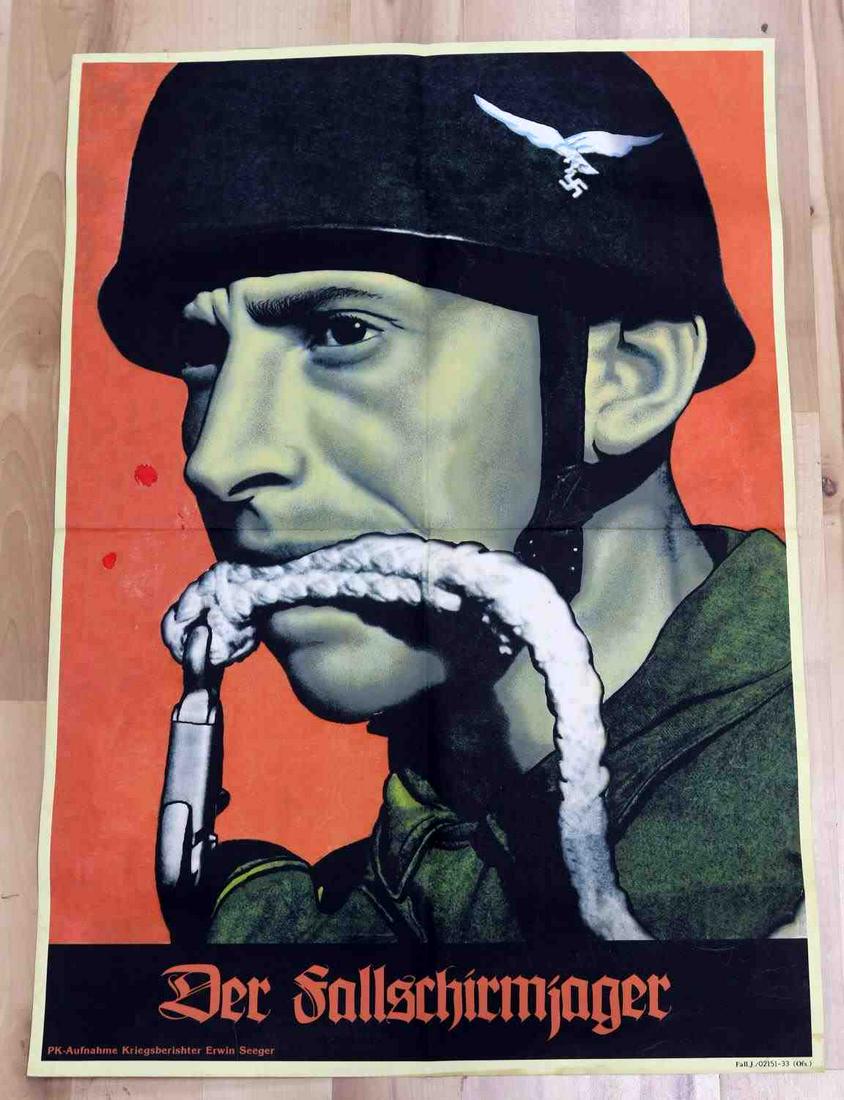 WWII GERMAN THIRD REICH PARATROOPER POSTER: Der Fallschirmjager is printed on the bottom of the poster. Measures 33 inches by 23 inches This lot has a reserve.