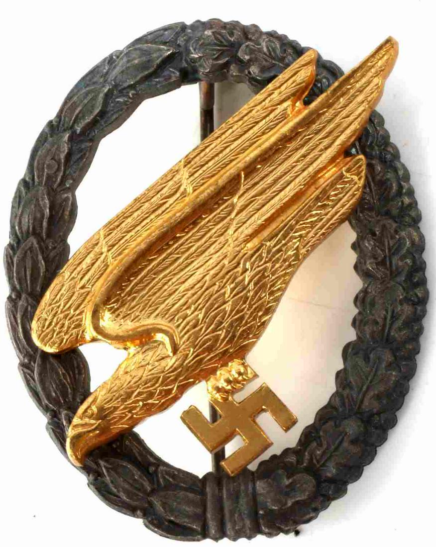 WWII GERMAN 3RD REICH LUFTWAFFE PARATROOPER BADGE: Measures 2.125 inches by 2 inches, pin and "c" clasp. Unauthenticated, sold as is.