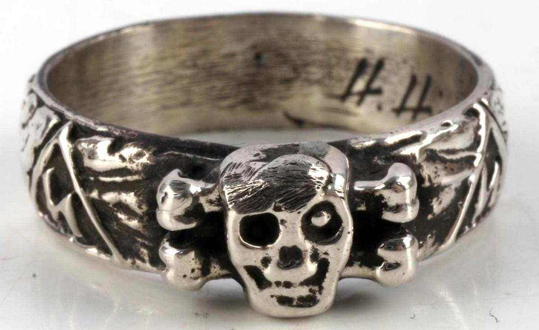 WWII GERMAN THIRD REICH SS HONOR RING HIMMLER: Size 10 SS honor ring with Himmler signature. Date awarded engraved inside. Unauthenticated, sold as is.