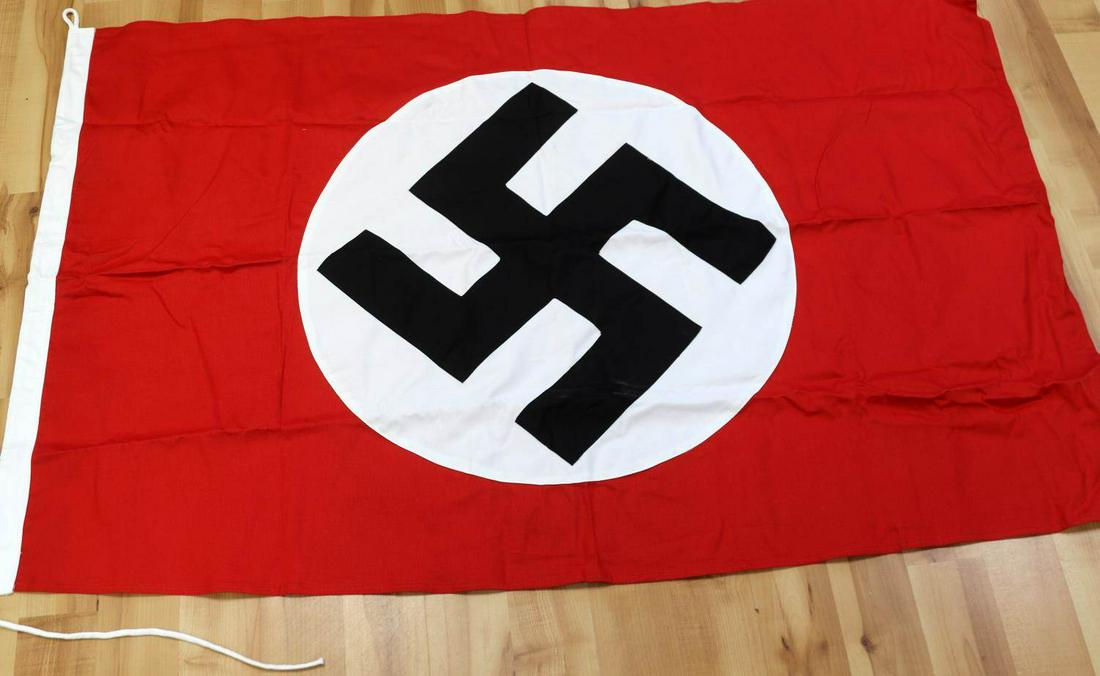 WWII GERMAN THIRD REICH NSDAP PARTY PERIOD FLAG: WWII German Third Reich NSDAP Party Period Flag, measures approx. 55 X 36 inches. Double sided display, multi piece, single hoist with rope attached on both ends. Damage free, does fluoresce. Unauthen