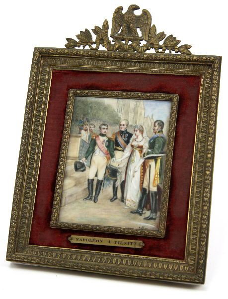 NAPOLEON ON IVORY WITH KING & QUEEN OF PRUSSIA: A painting on ivory contained in original period frame 4X3.25 inches overall in frame 6x5.5 inches, signed by the artist Heller in low right, inscribed on attached plate "Napoleon A Tilsitt" depicting