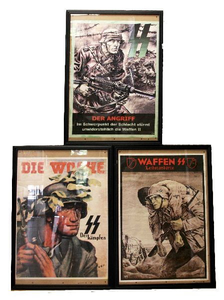 REPRO WWII SS PROPAGANDA / RECRUITMENT POSTERS: Lot of three reproduction WWII German Waffen SS recruiting / propaganda posters. Posters are 23 by 34 inches, behind glass in 26 x 38 inch black frames. fold marks in middle, otherwise in very good co