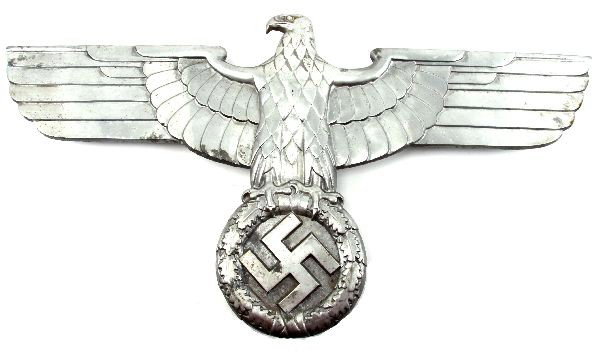 THIRD REICH RARE ALUMINUM RAIL CAR PARTY EAGLE: 14 inches in height with a 27 inch wingspan. Rare WWII Nazi aluminum rail car party eagle emblem with striking details. Reverse marked "LOK 680 GAL-Mg-Si" and "LOK RZA5 BLN". Very good condition with 