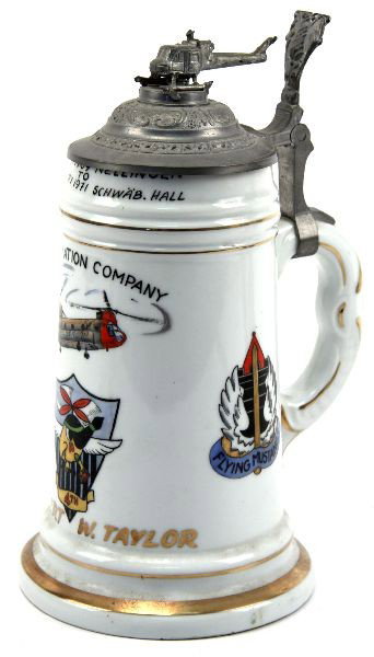 STEIN 4TH AVIATION COMPANY NAMED: Commemorative beer stein of 4th Aviation Company, dated "12 October 1969 Nellingen to 19 February 1971, Schwab Hall", with insignia. Named to Capt. Robert W. Taylor. Lithopane on bottom inside. Overal