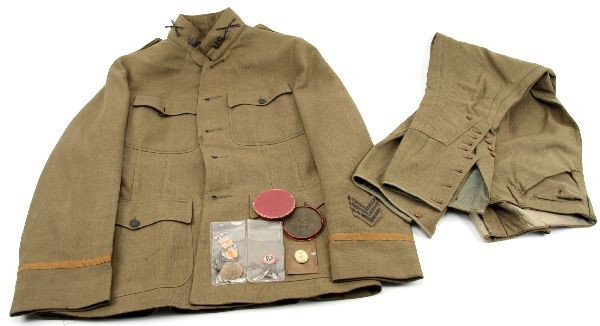 WWI INFANTRY UNIFORM MEDAL PHOTO & MORE 79TH DIV.: A good WWI Infantry Doughboy uniform tunic and trousers, free of mothing, 3 overseas bullion chevrons, 79th Division pin, son in service photo, WWI service medal ribbon is poor, and a France 1917 1918