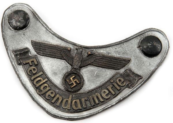 WWII NAZI FIELD POLICE GORGET FELDGENDARMERIE: Rare Nazi field police gorget with the proper backing made of green wool or press felt. It shows wear and some signs of early repaint.