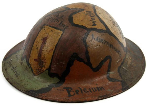 WWI TRENCH ART DOUGHBOY HELMET 28TH INFANTRY: Trench art painted souvenir U.S. WWI "doughboy" helmet, with map of the Western Front. Front painted "Co. 1 28th Inf". Large "1" in front. No liner.