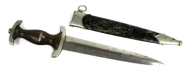 WWII GERMAN NSKK DRESS DAGGER BY FRANZ STEINHOFF: German Third Reich NSKK dress dagger with 8.75 inch blade. Less common makers mark of Franz Steinhoff, Solingen-Wald on ricasso. Blade etched "Alles fur Deutschland" (everything for Germany). Steel sc