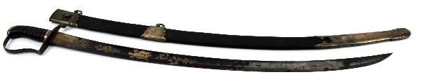 AMERICAN 1812-1820 CAVALRY SABER WITH SCABBARD: A well marked and etched saber from the 1812-1820 period. A large saber as issued to the light dragoons. The blade is etched with "J. Coopers warranted". It is blue with gold highlights and adorned wi