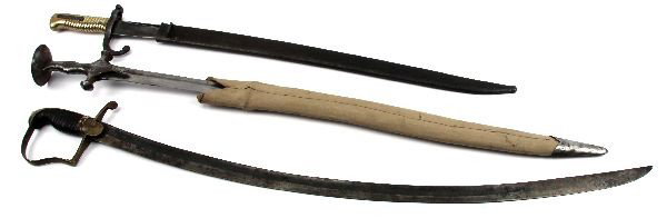 SWORD BAYONET LOT YATAGHAN SABER CHASSEPOT: A group of edged weapons consisting of a Indo Persian Yataghan sword wit a recovered scabbard overall good some blade rust, a Troopers saber, unmarked, presumed German, without scabbard good blade, no