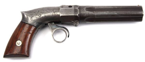 ROBBINS & LAWRENCE PEPPERBOX PISTOL: Rare Robbins & Lawrence five shot pepperbox pistol. Approximately 7000 manufactured from manufactured 1851-1854, and were an improved version of the George Leonard Jr. patent. Ribbed barrels, with wal