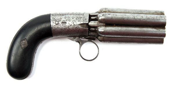 MARIETTE SIX SHOT PEPPERBOX PISTOL WITH EBONY GRIP: Mariette Patent Six-Shot Percussion Pepperbox Revolver, circa Mid-19th Century With 3 inch, .35 caliber turning barrels numbered from '1' to '6', rounded action and butt engraved with scrolling foliag