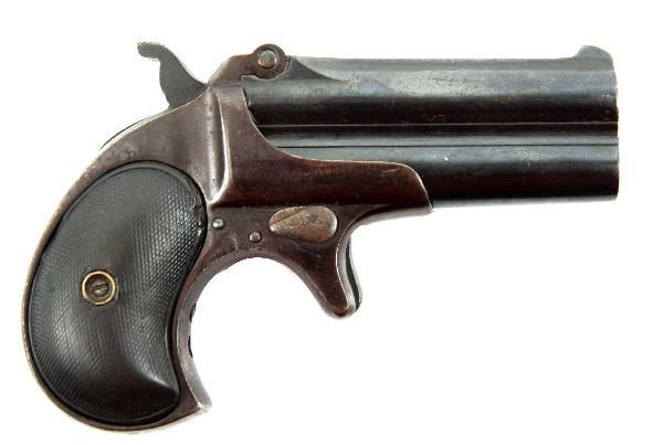 REMINGTON DOUBLE DERRINGER .41 CALIBER: Remington Double Derringer .41 caliber, with 3 inch barrels. Serial number 436. Appears to have been re-blued. Grips appear original. Bore has minor pitting, but is clean, with good rifling. Overall g