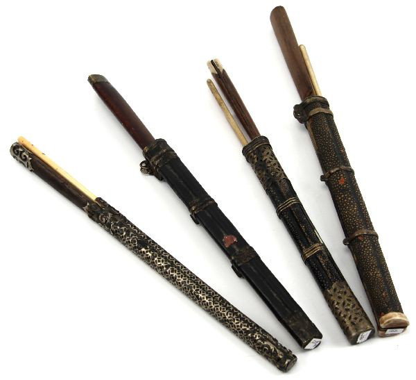 ANTIQUE CHINESE KNIFE & IVORY CHOPSTICK LOT OF 4: 8 inch silver alloy and enamel holder with 11.5 inch blade and 10 inch chopsticks. 13 inch sharkskin ivory and brass holder with 12 inch knife and 9.5 inch chopsticks. 8 inch eel skin and brass holder
