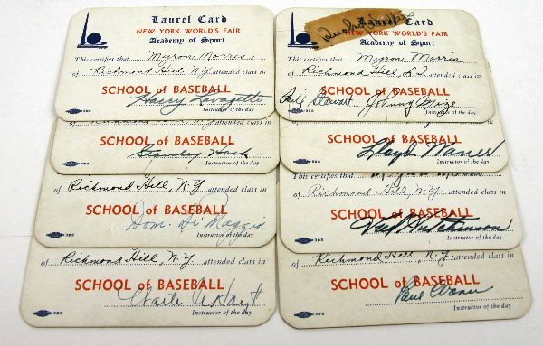 1939 NEW YORK ACADEMY OF SPORT LAUREL CARD LOT: A grouping of 8 signed 1939 Worlds Fair Academy of Sport Laurel cards each signed by the player/instructor of the day they include Stan Hack, Dom Dimaggio, Harry Lavagetto, Johnny Mize, Paul Waner, Ll