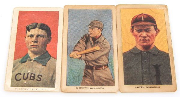 1909 TOLSTOI OLD MILL CAPORAL BASEBALL CARD LOT: A lot of 3 1909 baseball cards to include Hayden Old Mill about 1to2, Brown caporal back in 1to 2 and M. brown Chicago Cubs Tolstoi back in about 1.5.