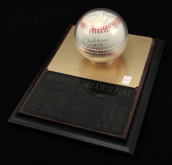 THE PERFECT GAME AUTOGRAPHED BASEBALL AND MOUNT: A Rawlings Official American League ball signed by Don Larsen, Jim Bunning, Sandy Koufax, Jim "catfish" Hunter Len Barker Mike Witt and Tom Browning and dated with the dates they accomplished their no
