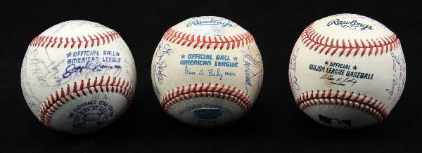 3 NEW YORK YANKEES TEAM AUTOGRAPHED BASEBALLS: Included are three balls signed by the NY Yankees teams. Ball one carries the Steiner and Yankee Clipper Ent. labels and has autographs of Dimaggio, Sparky Lyle, Joe Torre, Whitey Ford and 16 others a