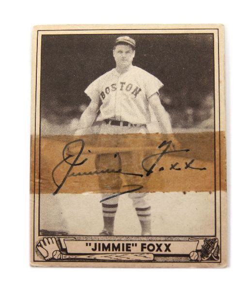 SIGNED JIMMIE FOXX 1939 PLAY BALL CARD 133: 1939 Play Ball card #133 autographed by Jimmie Foxx in good condition with tape residue over the signature and adhesive and paper residue on reverse.